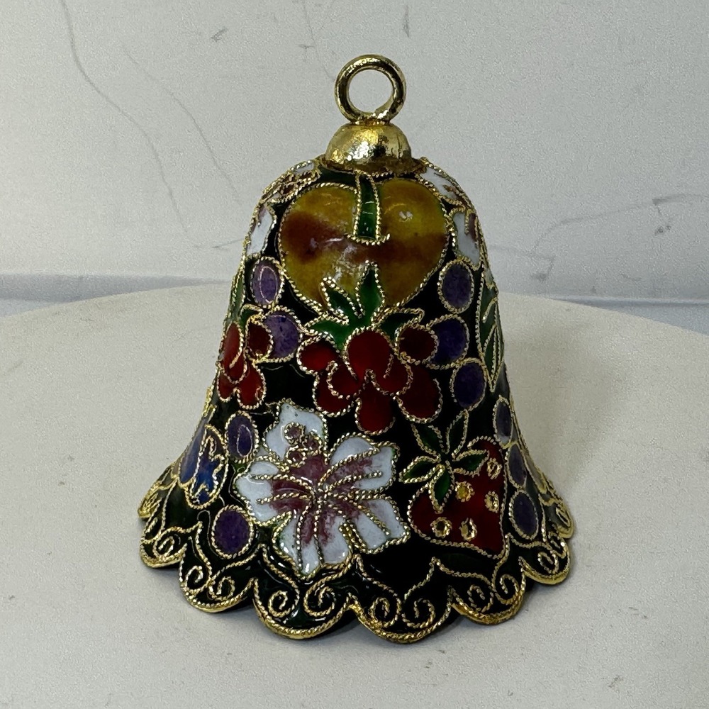 Vintage Cloisonne Bell Ornament with Green enamel interior Fruit Flowers